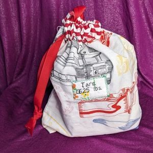 Reusable fabric produce bag with tare weight- trucks and red stripes